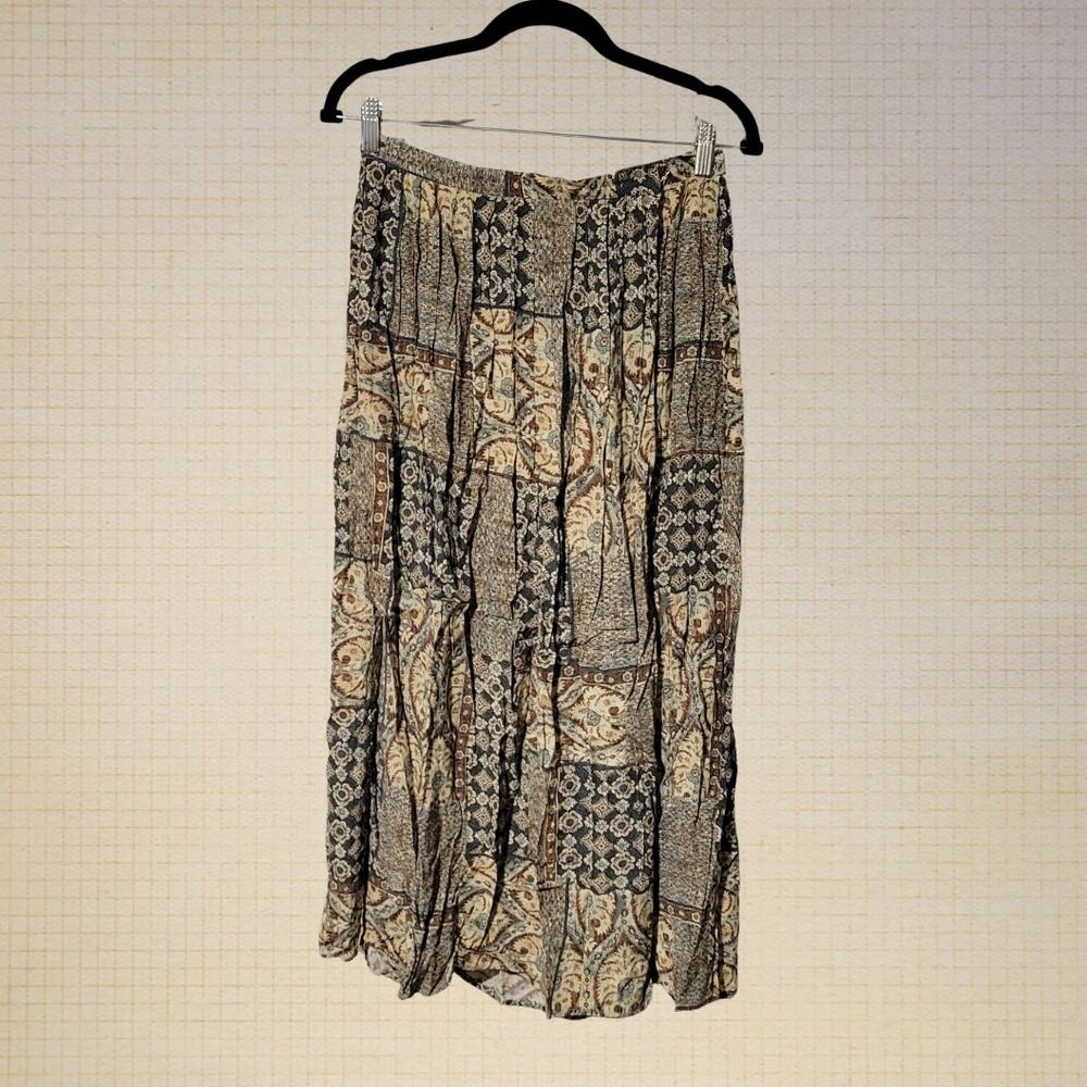 90s Boho Rayon Patchwork A-Line Ruffled Skirt Women's Small 28 Waist 34 Length